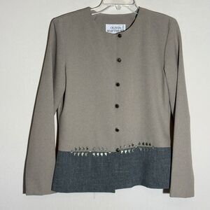 VTG Olivia Matthews Top Womens 10 Tan/Gray Buttondown Embroidery Officecorp Chic